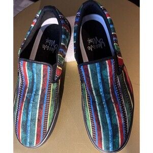 Yes We Vibe Colorful Tribal Stripe On Black Canvas Shoes Men's 10.5 M Women’s 12